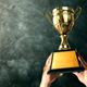 Hands hold a trophy aloft against a smoky background